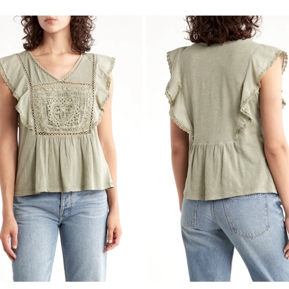 NWT LUCKY BRAND Short Flutter Sleeve Open Stitch Trim Cotton Top Size Large - Picture 5 of 6